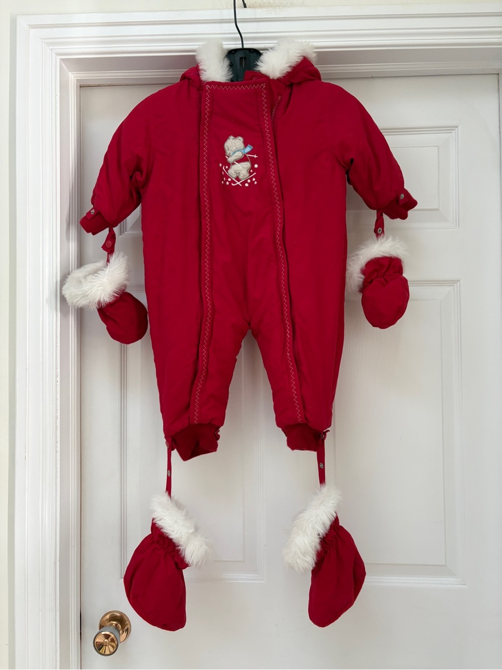 Teddy’s Choice Red Faux-Fur Trim Infant Snowsuit One-Piece